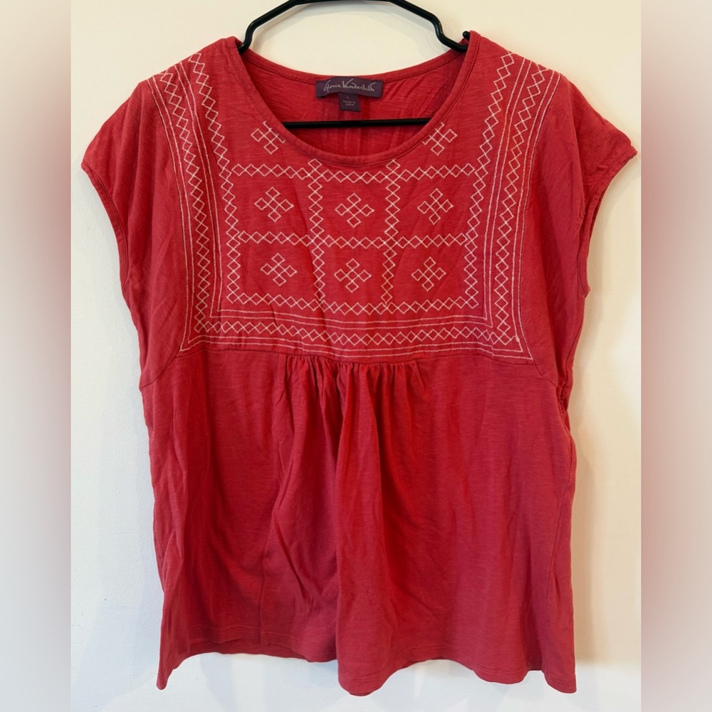 Gloria Vanderbilt Embroidered Peasant Top Womens Large Coral Boho Short Sleeve